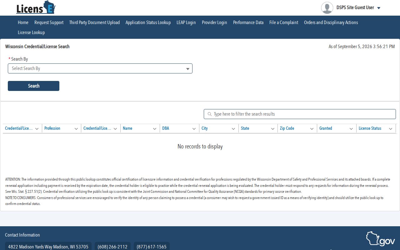 Wisconsin credential fields for a Sun Prairie resident lookup